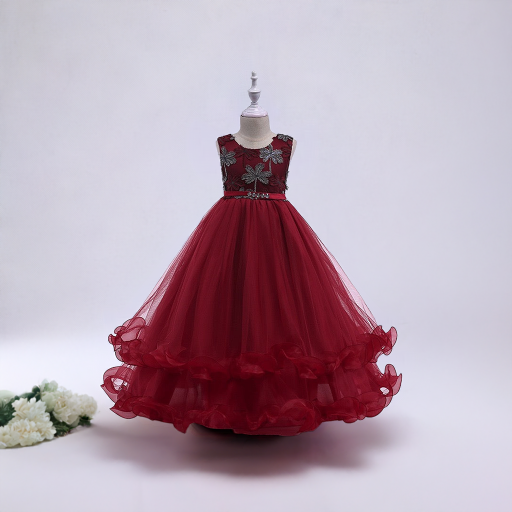 Embroidered Lace Luxury Claret Piano Dancing Princess Dresses