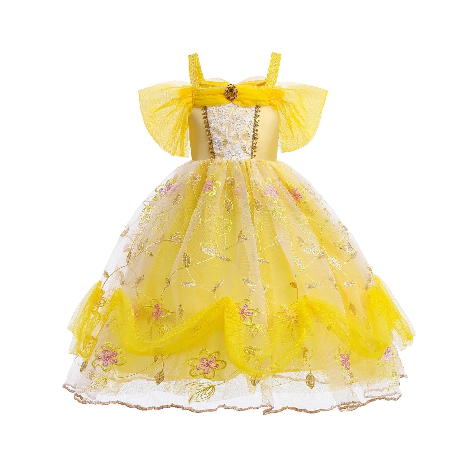 Embroidered Art Flower Lace Beauty Beast Belle Princess Dancing Party Yellow Dresses