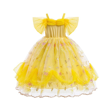 Embroidered Art Flower Lace Beauty Beast Belle Princess Dancing Party Yellow Dresses