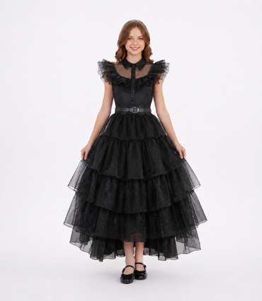 Embroidered Lace Wednesday Addams Luxury Black Piano Dancing Halloween Cosplay Dresses