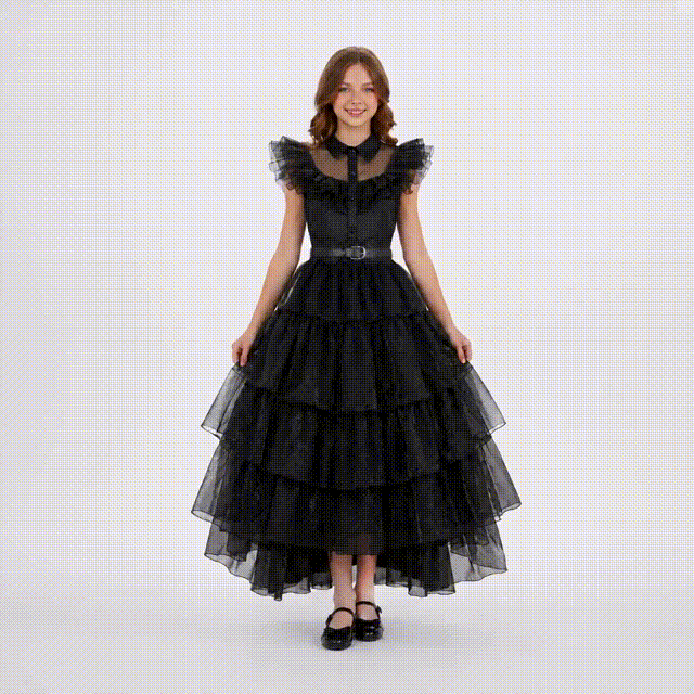 Embroidered Lace Wednesday Addams Luxury Black Piano Dancing Halloween Cosplay Dresses
