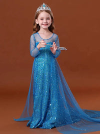 Elegant and Luxurious Frozen Elsa Princess Dresses Long Shinny Blue