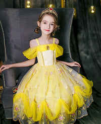 Embroidered Art Flower Lace Beauty Beast Belle Princess Dancing Party Yellow Dresses