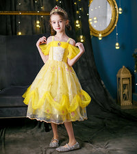 Embroidered Art Flower Lace Beauty Beast Belle Princess Dancing Party Yellow Dresses