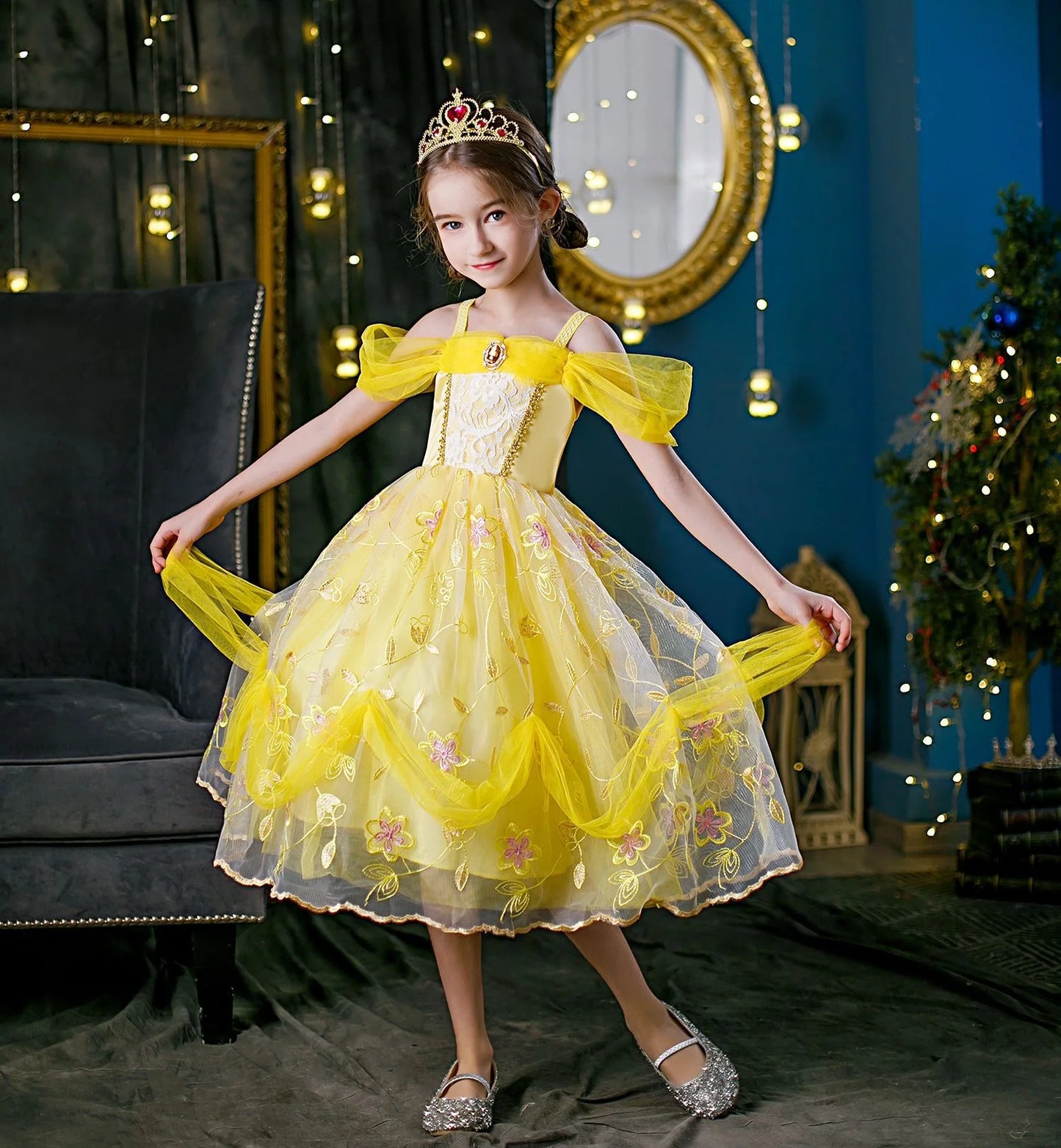 Embroidered Art Flower Lace Beauty Beast Belle Princess Dancing Party Yellow Dresses