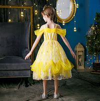 Embroidered Art Flower Lace Beauty Beast Belle Princess Dancing Party Yellow Dresses