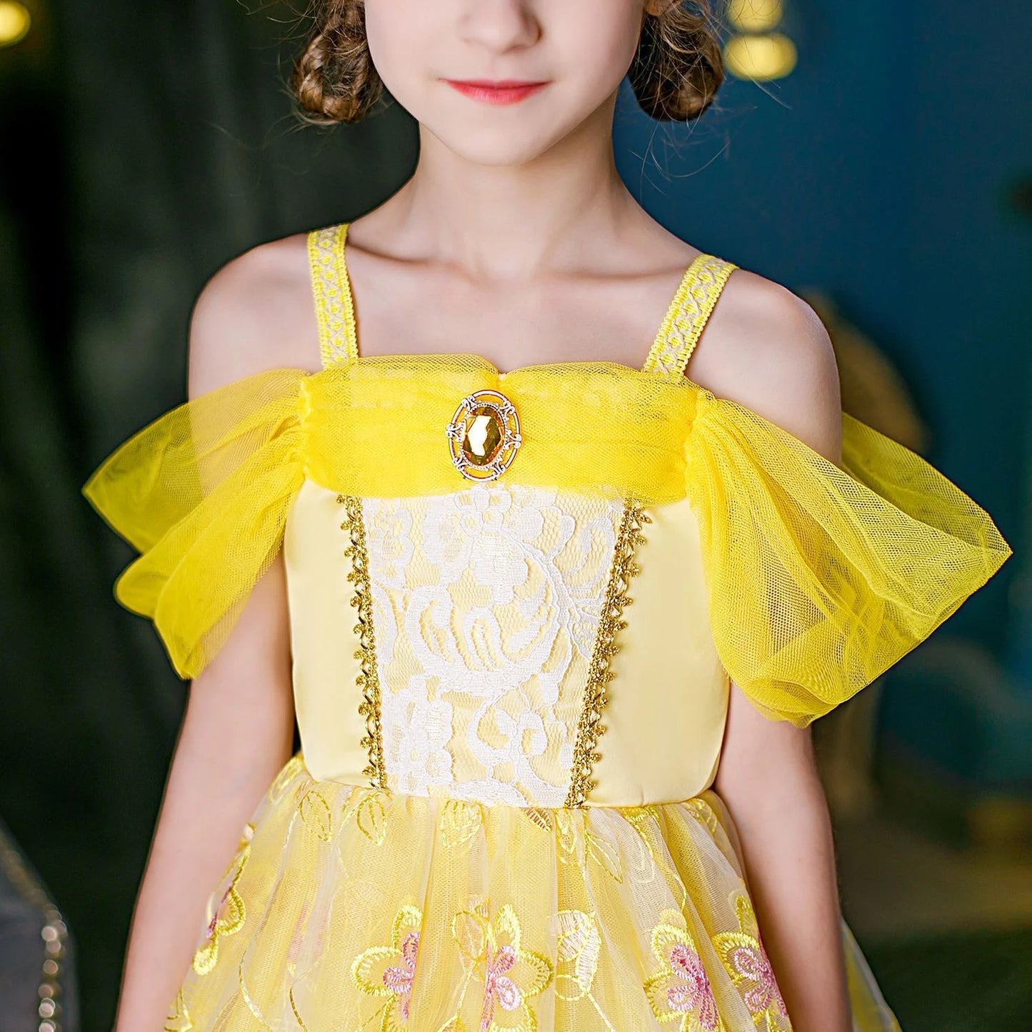 Embroidered Art Flower Lace Beauty Beast Belle Princess Dancing Party Yellow Dresses