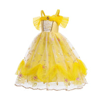 Embroidered Art Flower Lace Beauty Beast Belle Princess Dancing Party Yellow Dresses