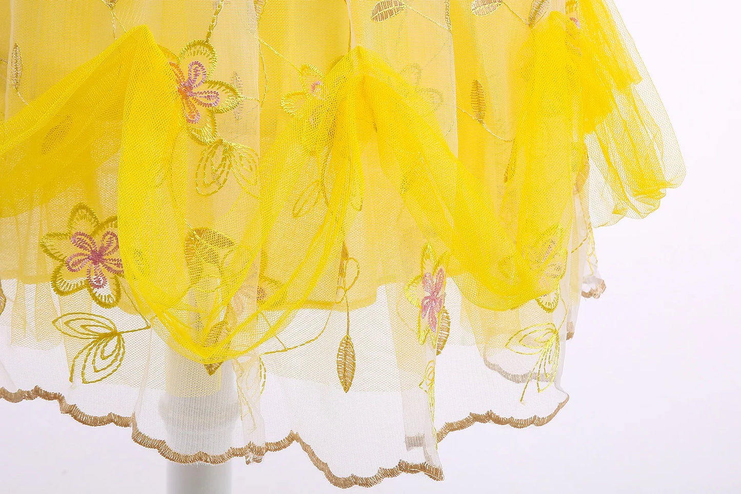 Embroidered Art Flower Lace Beauty Beast Belle Princess Dancing Party Yellow Dresses