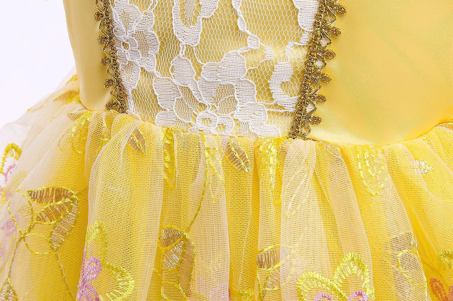 Embroidered Art Flower Lace Beauty Beast Belle Princess Dancing Party Yellow Dresses