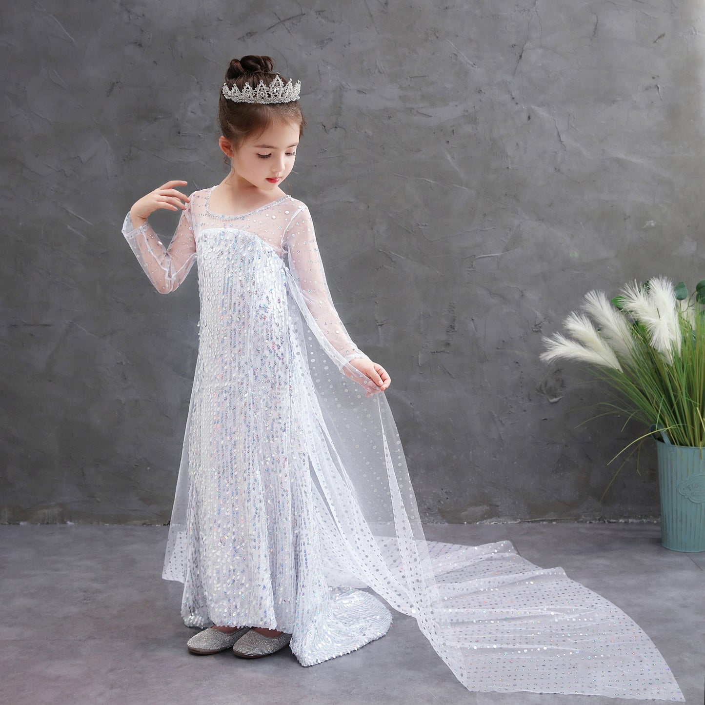 Princess Dresses Frozen Elsa Long Shinny White