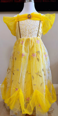 Embroidered Art Flower Lace Beauty Beast Belle Princess Dancing Party Yellow Dresses