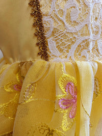 Embroidered Art Flower Lace Beauty Beast Belle Princess Dancing Party Yellow Dresses