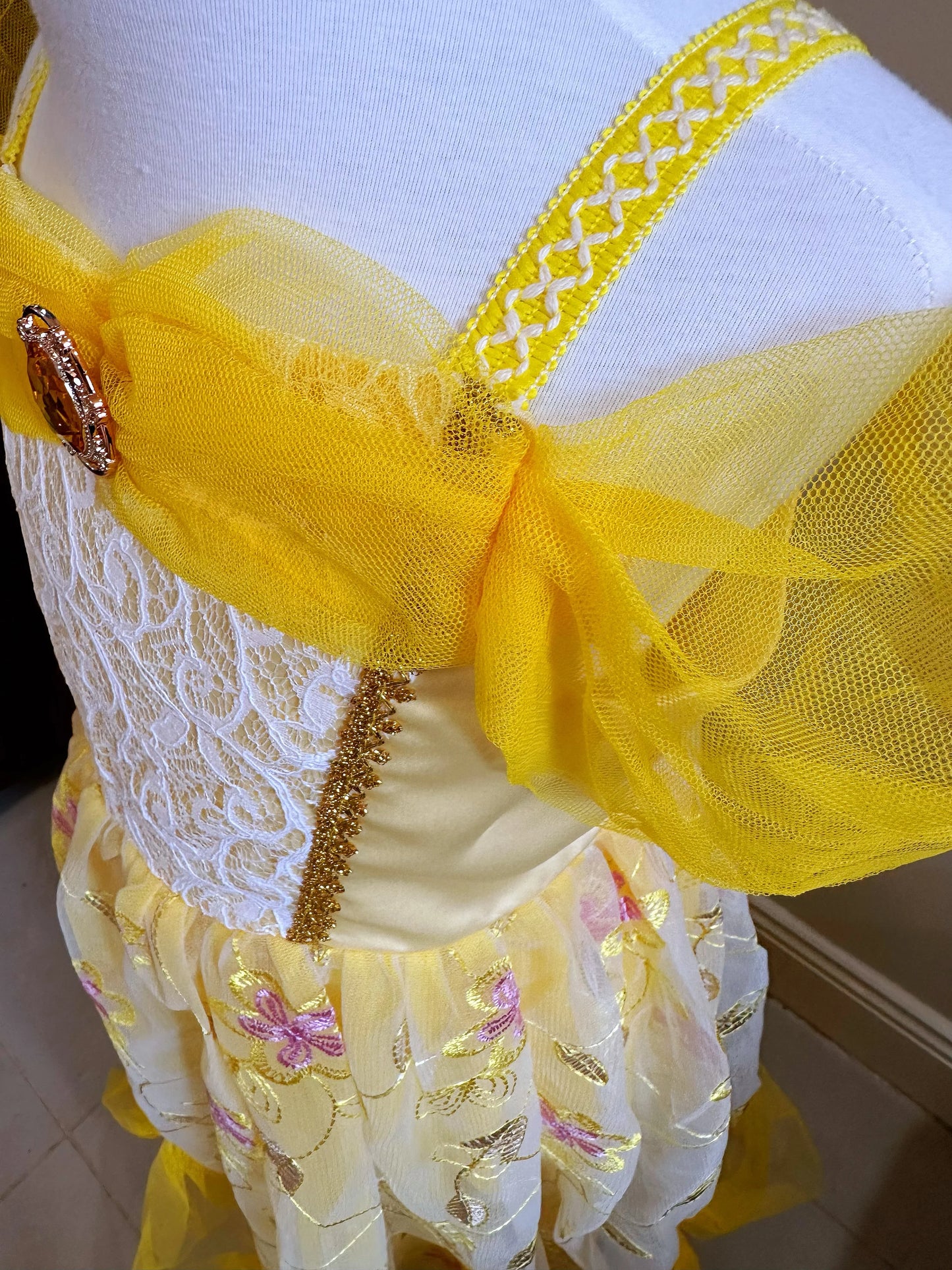 Embroidered Art Flower Lace Beauty Beast Belle Princess Dancing Party Yellow Dresses