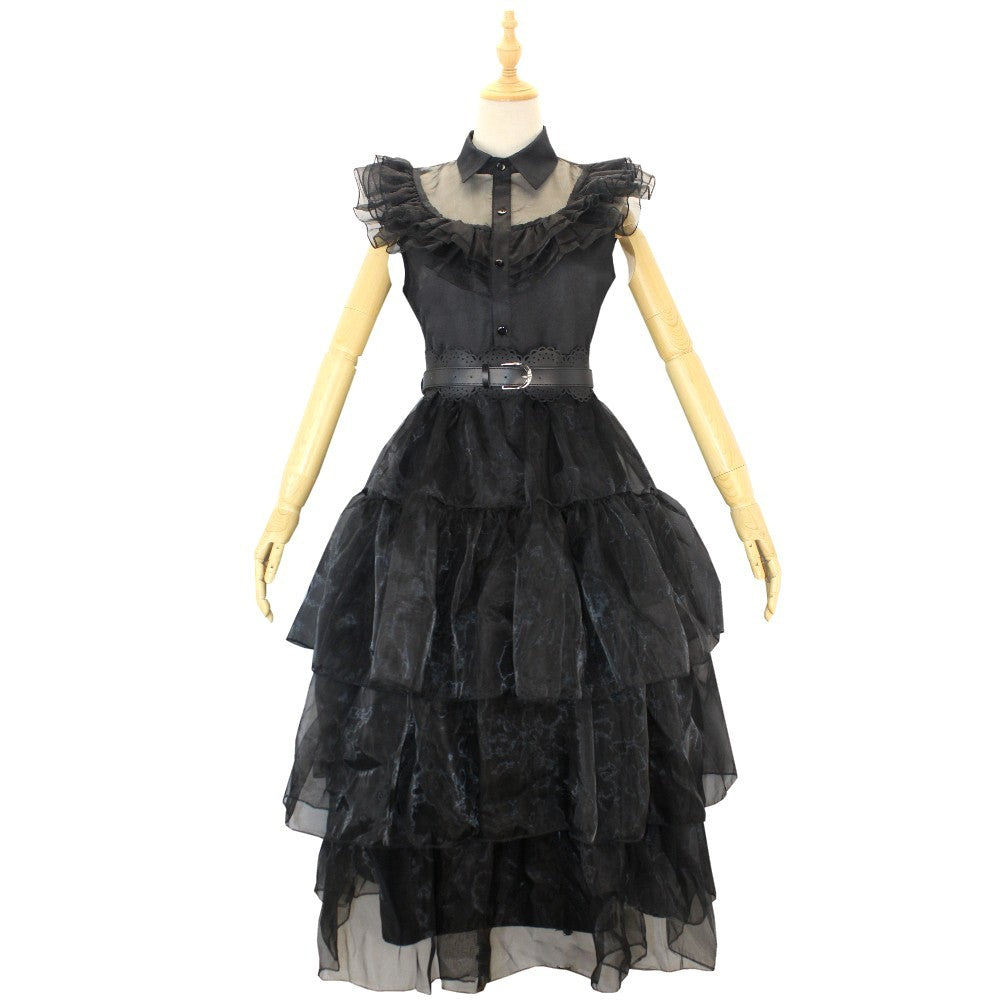 Embroidered Lace Wednesday Addams Luxury Black Piano Dancing Halloween Cosplay Dresses