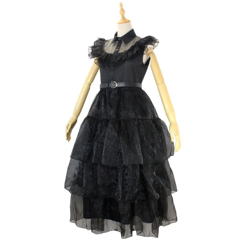 Embroidered Lace Wednesday Addams Luxury Black Piano Dancing Halloween Cosplay Dresses