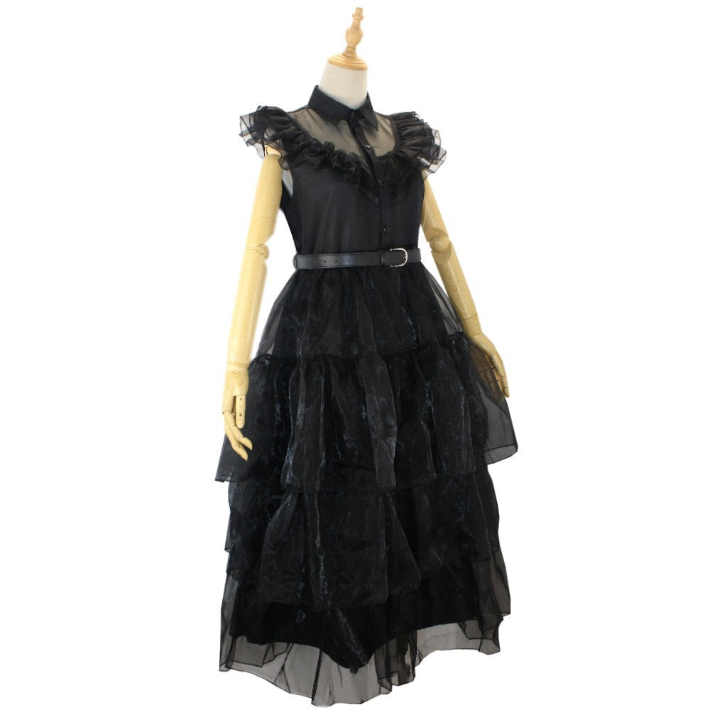 Embroidered Lace Wednesday Addams Luxury Black Piano Dancing Halloween Cosplay Dresses