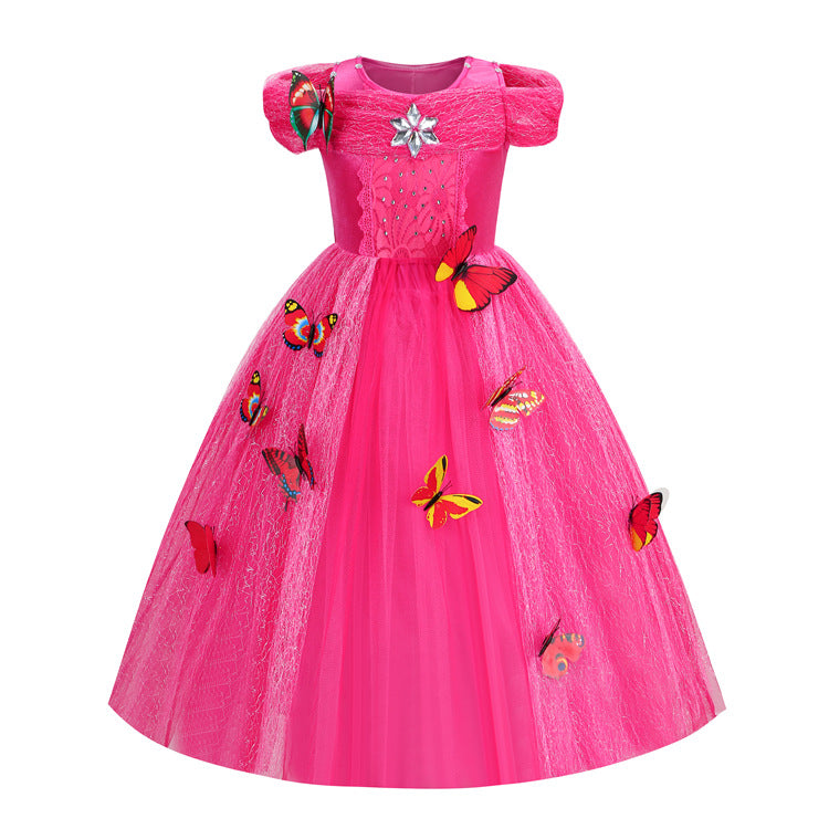 Embroidered Lace Rose Red With Butterflies Cinderella Princess Dresses