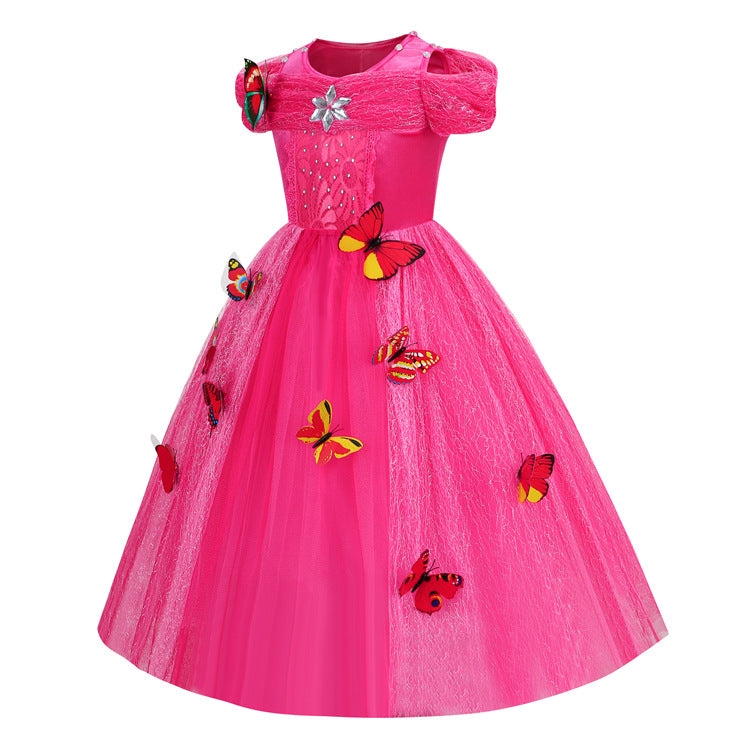 Embroidered Lace Rose Red With Butterflies Cinderella Princess Dresses