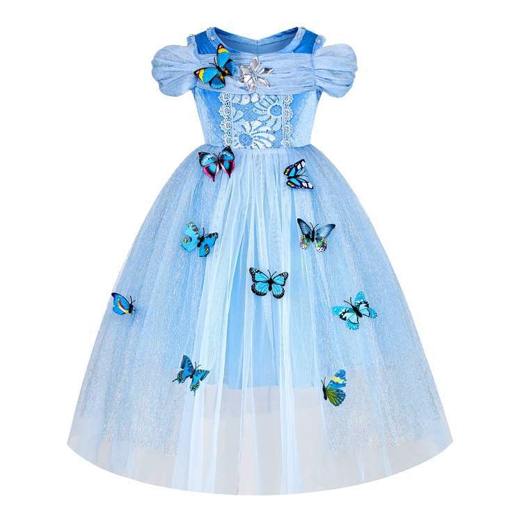 Embroidered Lace Blue With Butterflies Cinderella Princess Dresses