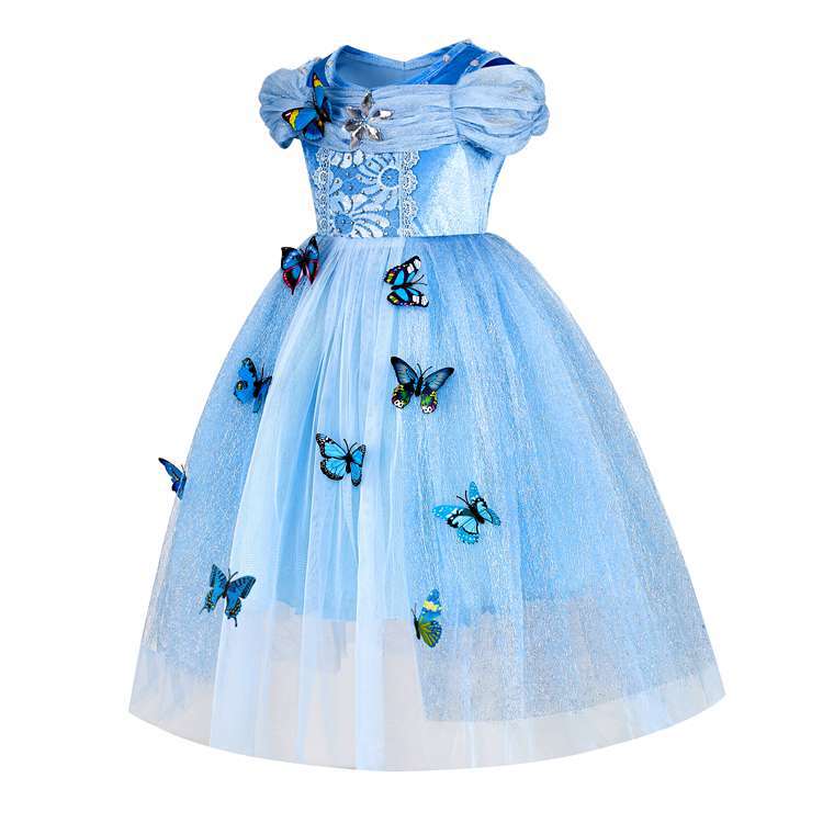 Embroidered Lace Blue With Butterflies Cinderella Princess Dresses