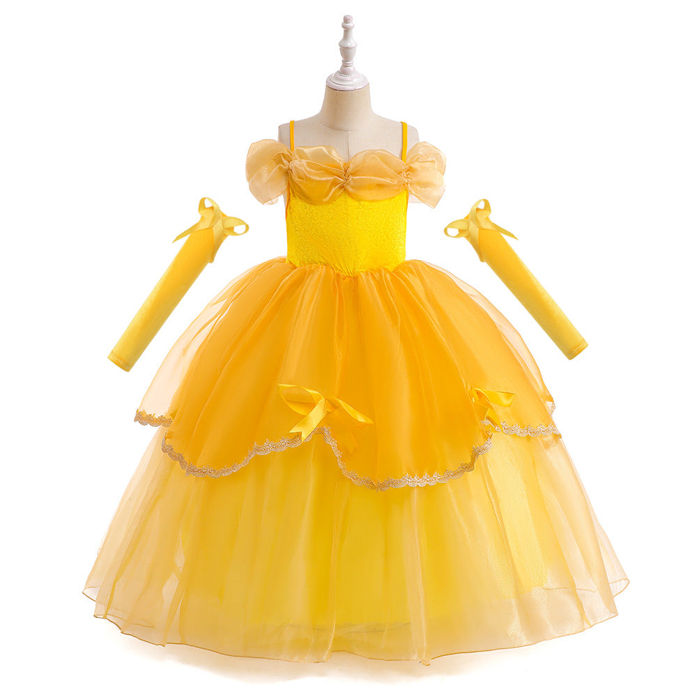 Embroidered Lace Princess Dancing Party Wedding Style Yellow Beauty Beast Belle Dresses