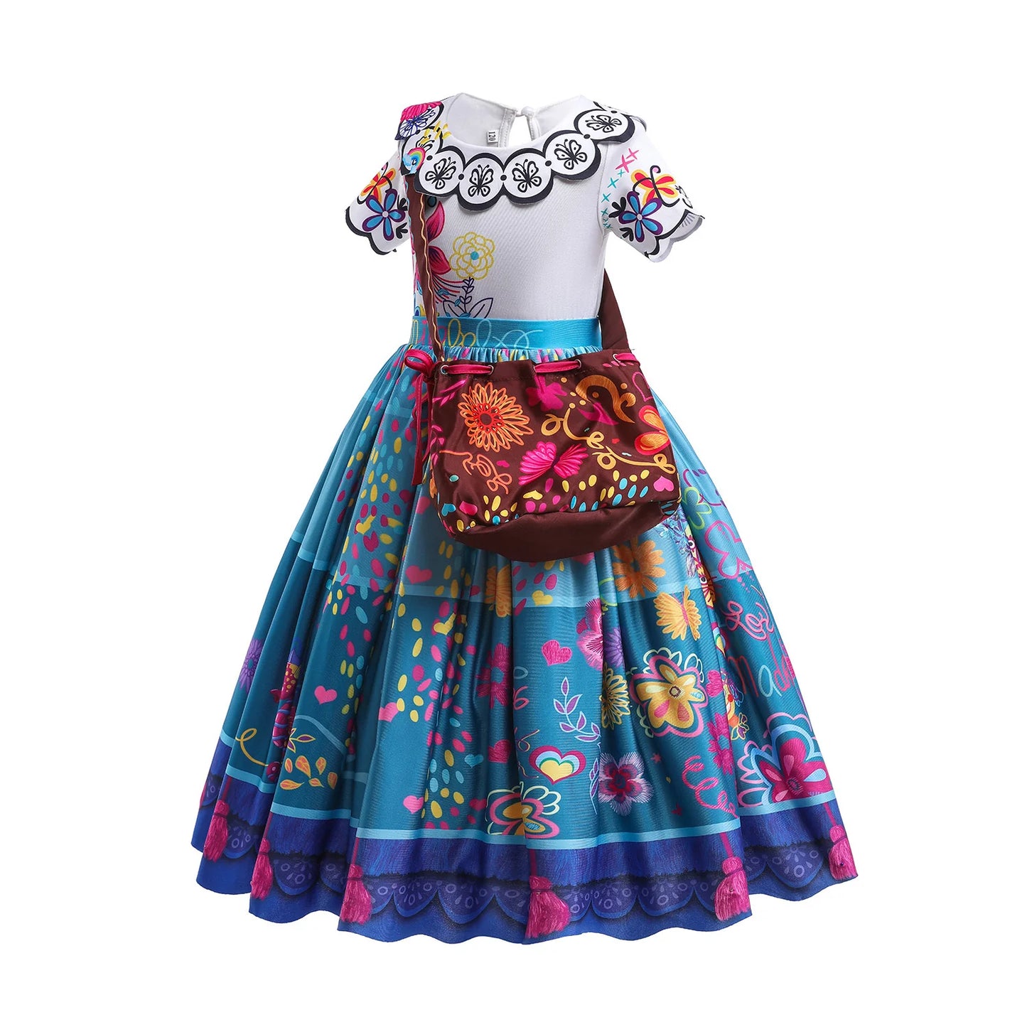 Girls Costume Printed Flower White With Blue Princess Encanto Mirabel Dress Set