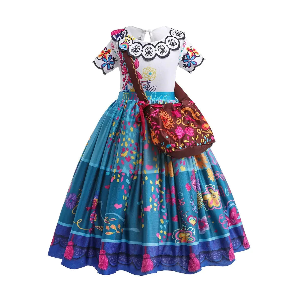 Girls Costume Printed Flower White With Blue Princess Encanto Mirabel Dress Set