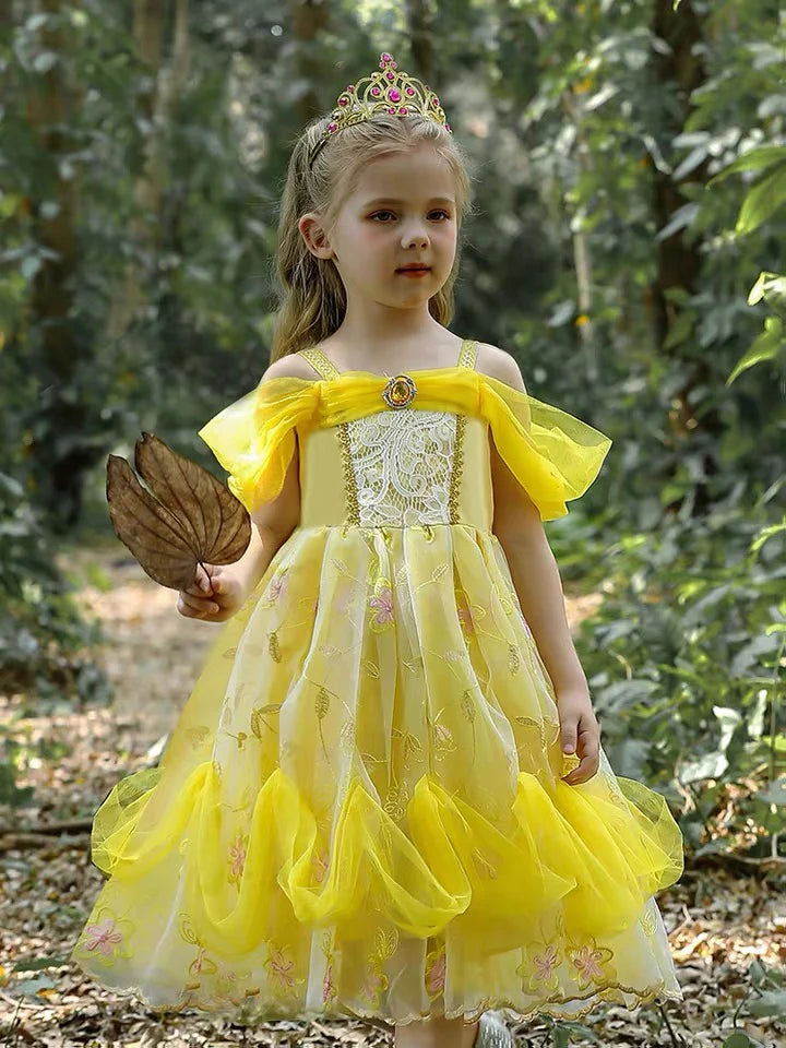 Embroidered Art Flower Lace Beauty Beast Belle Princess Dancing Party Yellow Dresses