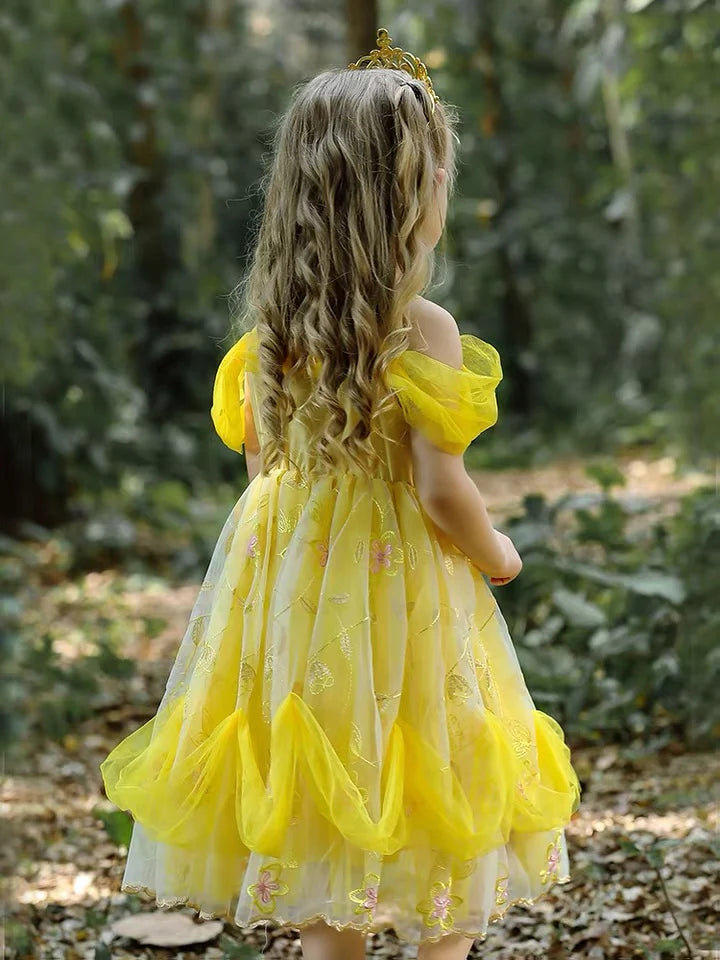 Embroidered Art Flower Lace Beauty Beast Belle Princess Dancing Party Yellow Dresses