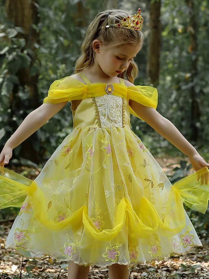 Embroidered Art Flower Lace Beauty Beast Belle Princess Dancing Party Yellow Dresses