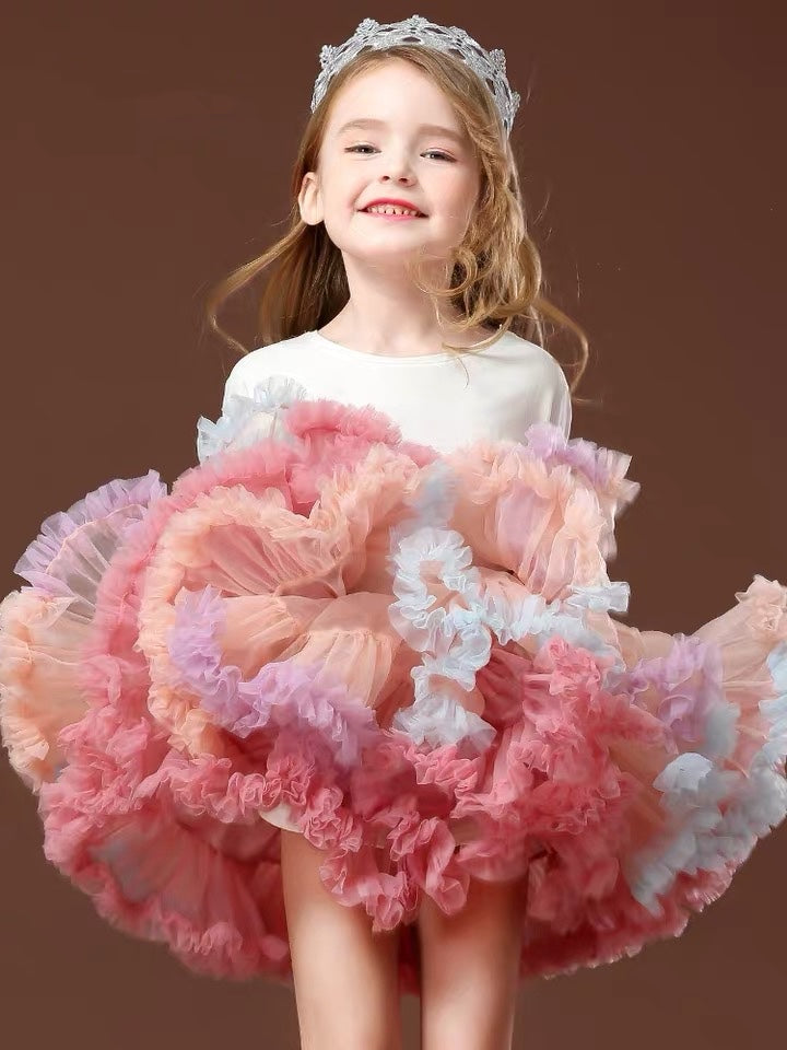 Girls Tutu Skirt Two Sides Double Fluffy Rainbow Pink