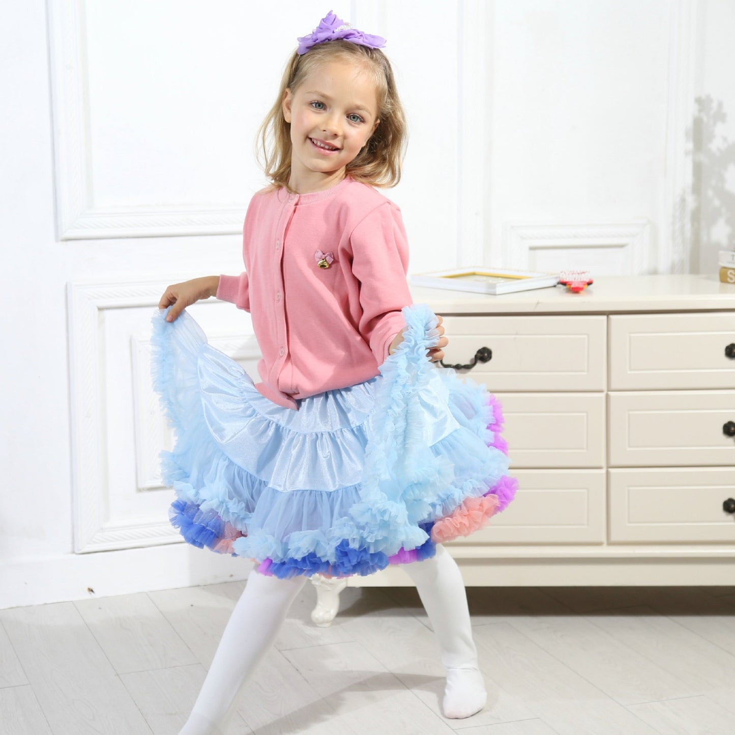 Girls Tutu Skirt Two Sides Double Fluffy Rainbow Blue