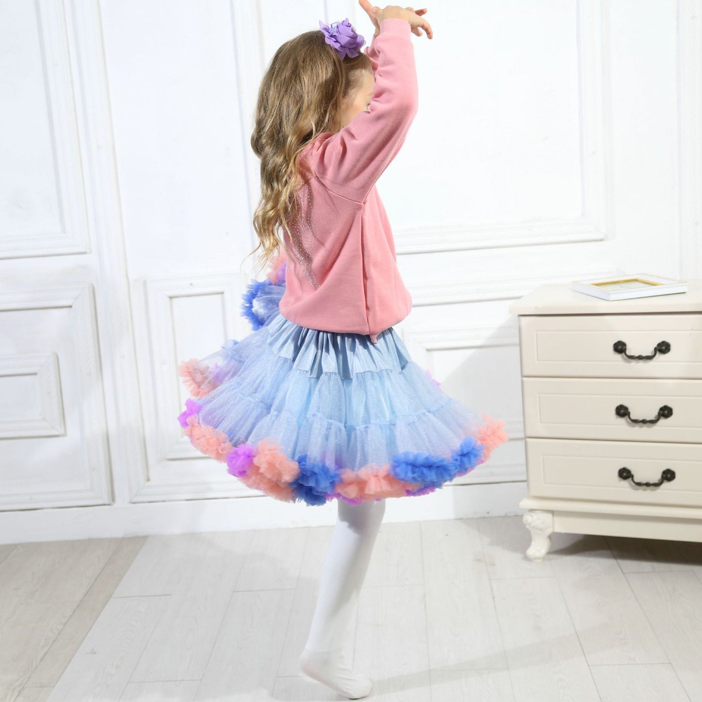 Girls Tutu Skirt Two Sides Double Fluffy Rainbow Blue