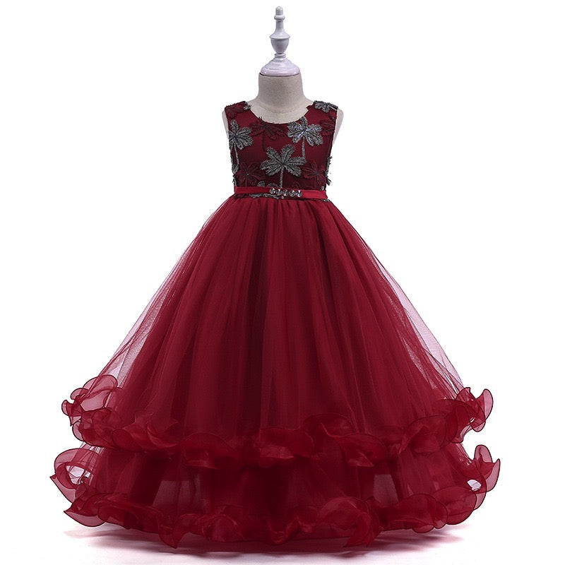 Embroidered Lace Luxury Claret Piano Dancing Princess Dresses