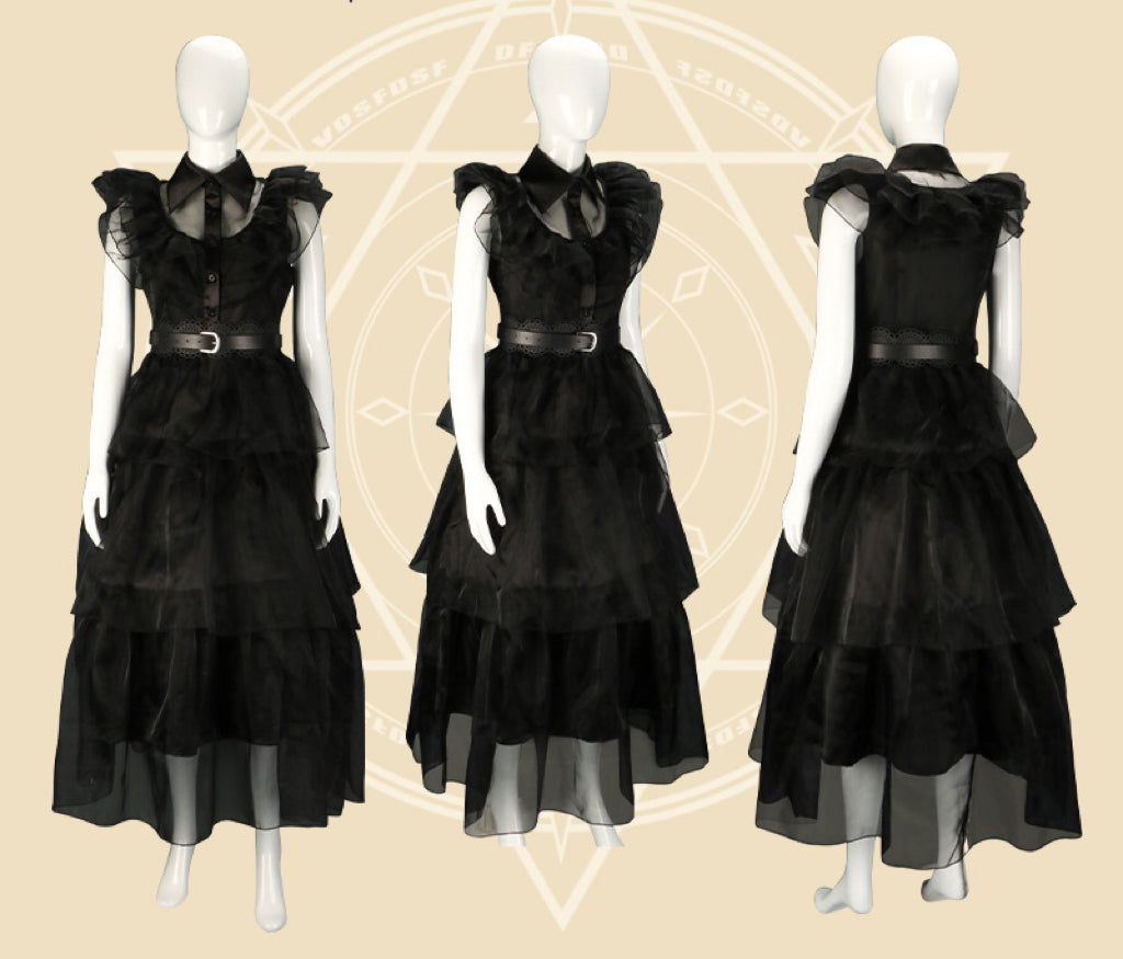 Embroidered Lace Wednesday Addams Luxury Black Piano Dancing Halloween Cosplay Dresses