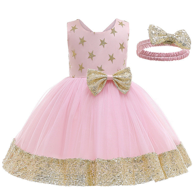 Embroidered Lace Princess Dresses Pink With Golden Star