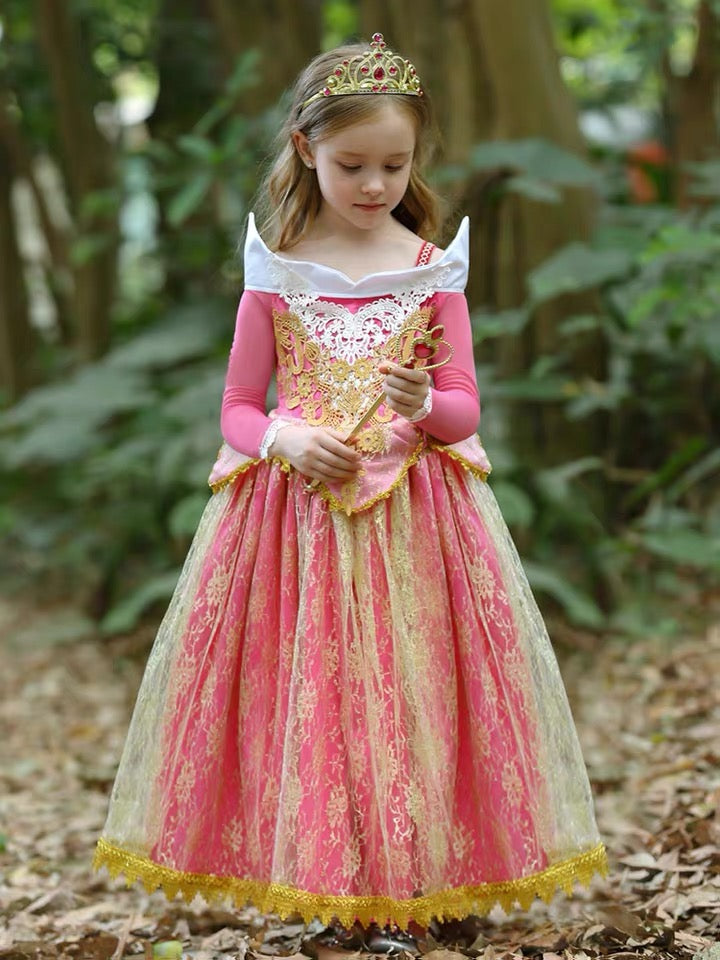 Embroidered Golden Lace Luxury Rose Red Costume Piano Dancing Sleeping Beauty Princess Dresses